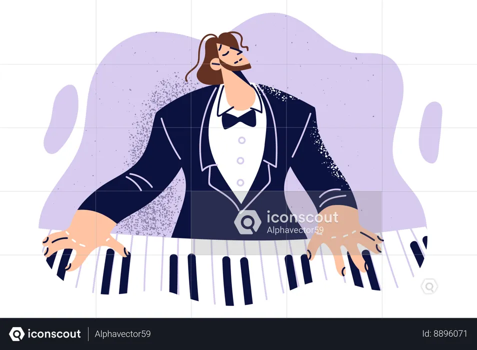 El hombre toca el piano interpretando música clásica en un instrumento musical de teclado para la audiencia  Ilustración