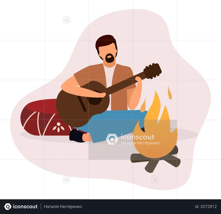 Hombre tocando la guitarra cerca de la hoguera  Ilustración