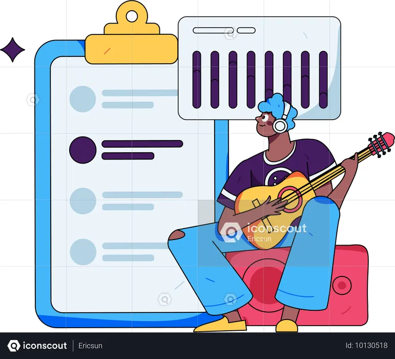 Hombre tocando la guitarra mientras mira el informe analítico de negocios  Ilustración