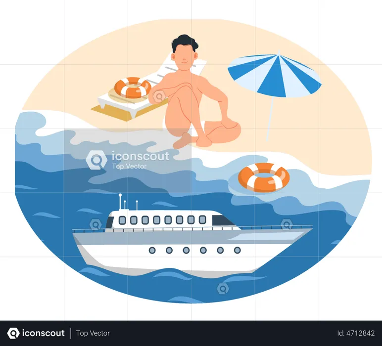 Hombre tomando el sol en la playa  Ilustración