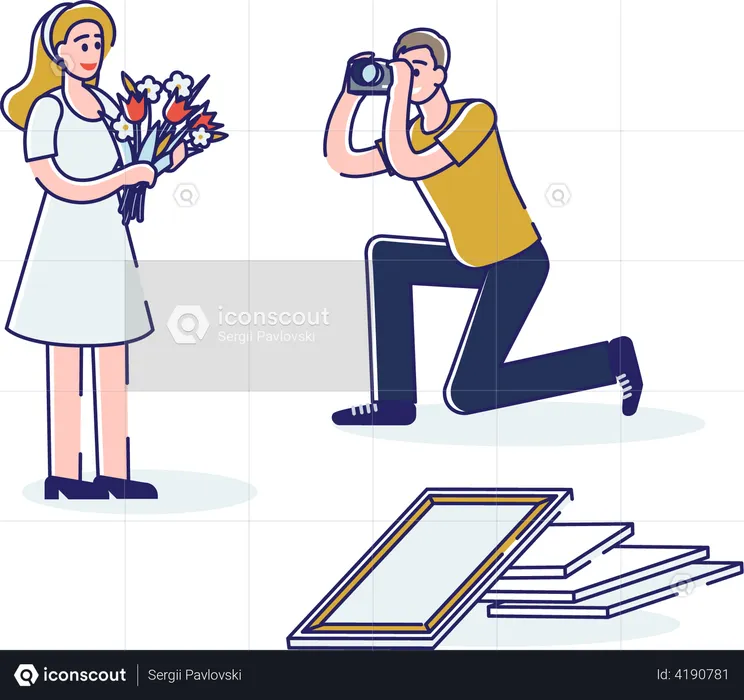 Hombre tomando foto de mujer hermosa  Ilustración