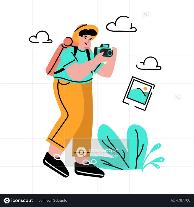 Hombre tomando fotografías mientras viaja  Ilustración