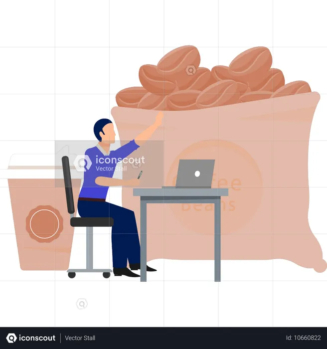 Hombre trabajando con granos de café en una computadora portátil  Illustration