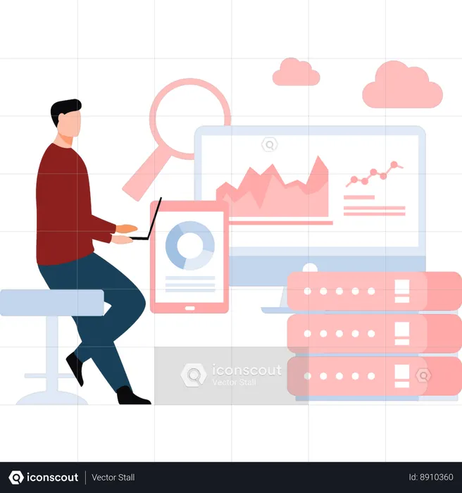 Hombre trabajando en análisis de bases de datos  Ilustración