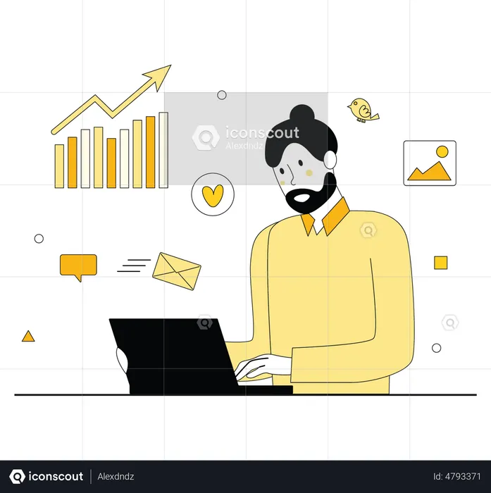 Hombre trabajando en análisis de datos de marketing  Ilustración