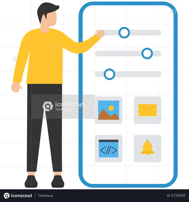 Hombre trabajando en una aplicación para Android  Ilustración