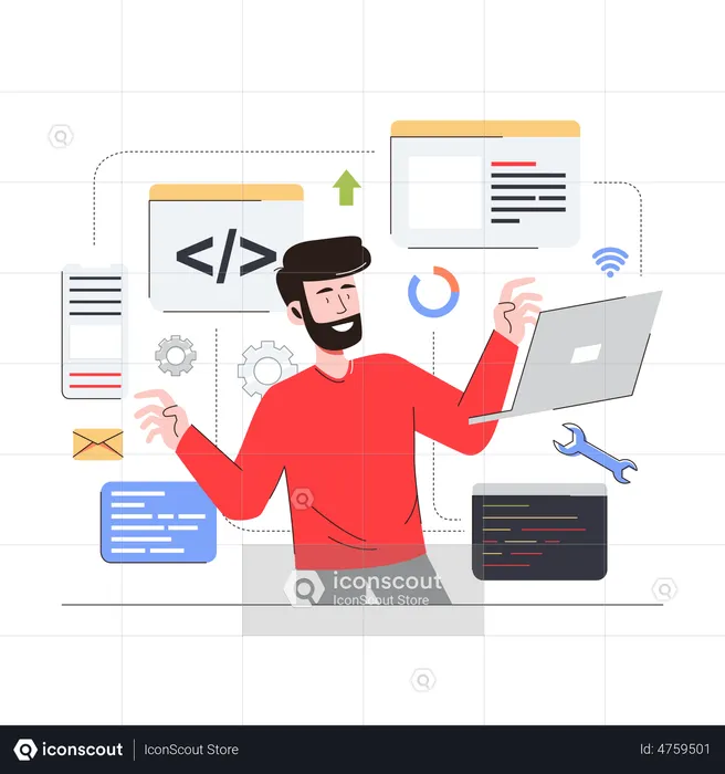 Hombre trabajando en el desarrollo de sitios web  Ilustración