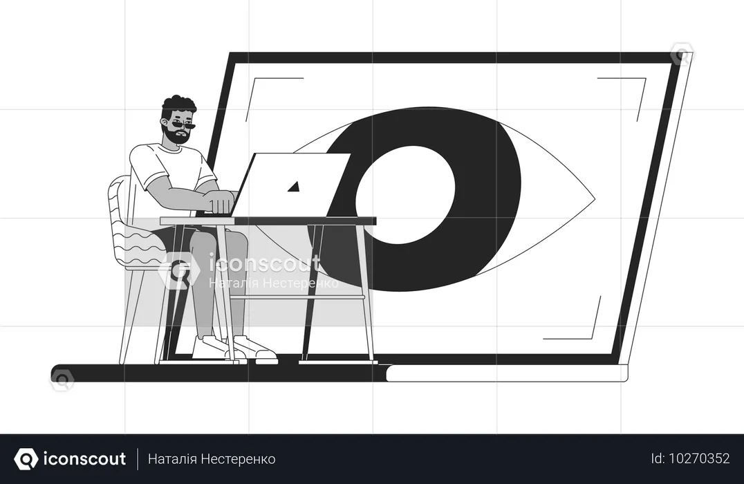 Hombre trabajando en el control ocular en una computadora portátil  Ilustración