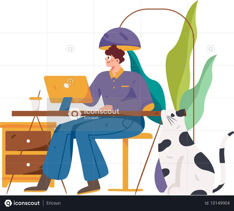 Hombre trabajando en la computadora en casa  Ilustración