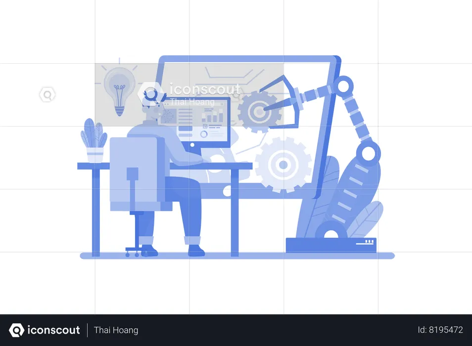 Hombre trabajando en la industria de la automatización  Ilustración