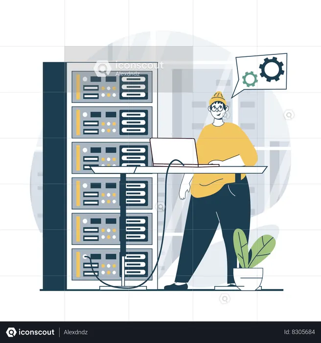 Hombre trabajando en seguridad del servidor  Ilustración