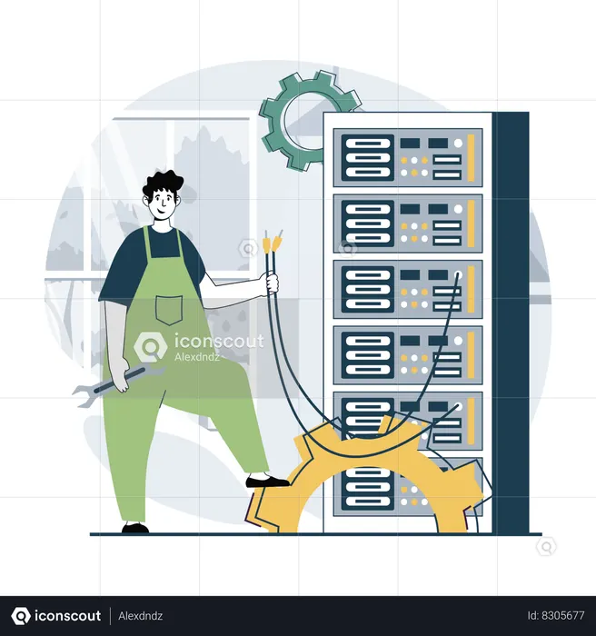 Hombre trabajando en el mantenimiento del sistema.  Ilustración
