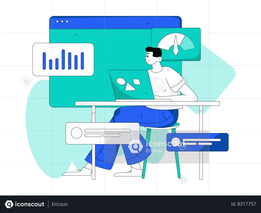 Hombre trabajando en informe de negocios  Ilustración