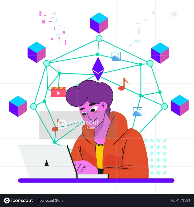 Hombre trabajando en blockchain NFT  Ilustración