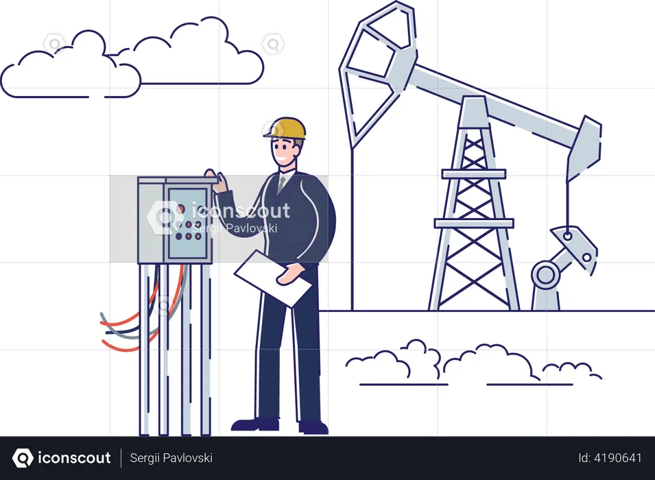 El hombre trabaja en la planta de petróleo y plataforma  Ilustración