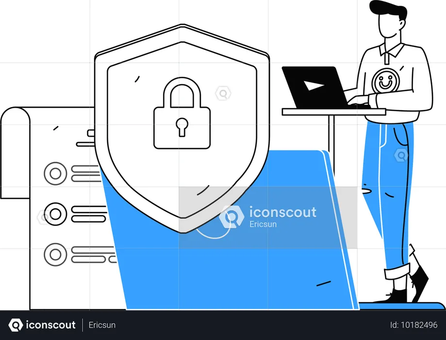 Hombre trabajando en un programa de seguridad cibernética  Ilustración