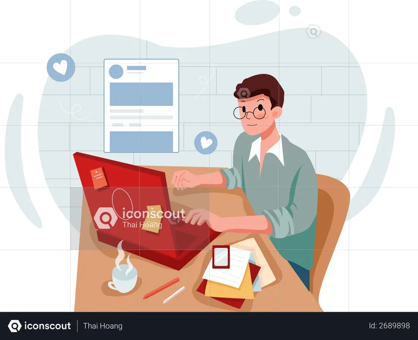 Hombre trabajando en las redes sociales influyendo  Illustration