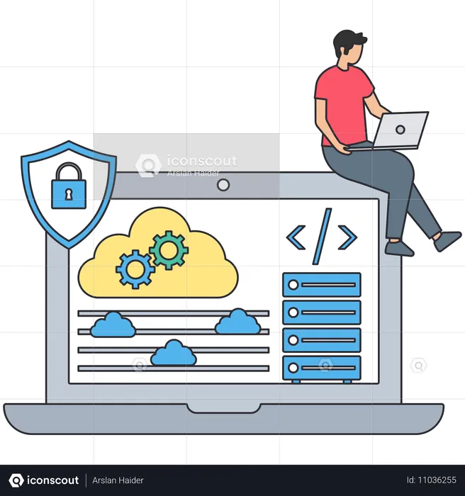 Hombre trabajando en la seguridad de la base de datos  Ilustración