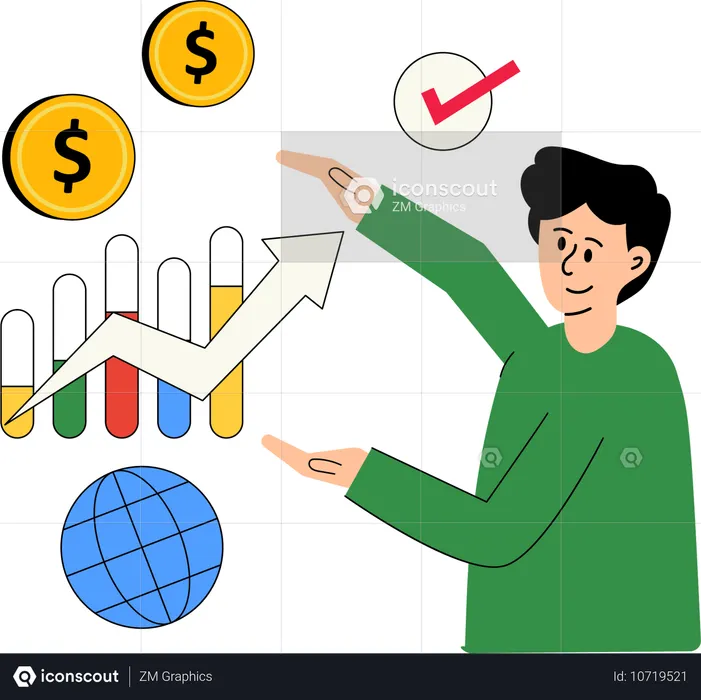 Hombre trabajando en análisis de crecimiento empresarial  Ilustración