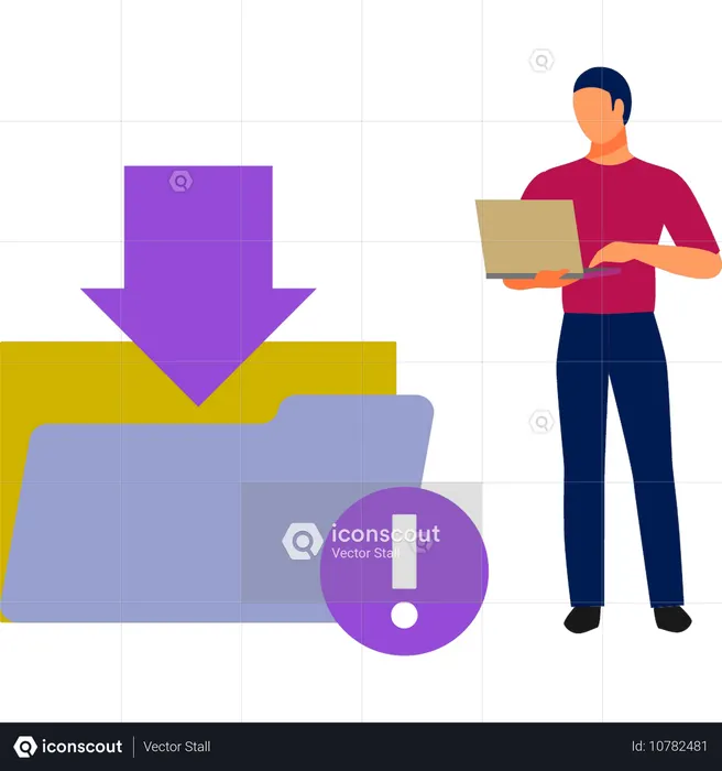 Hombre trabajando en una carpeta descargada en una computadora portátil  Ilustración