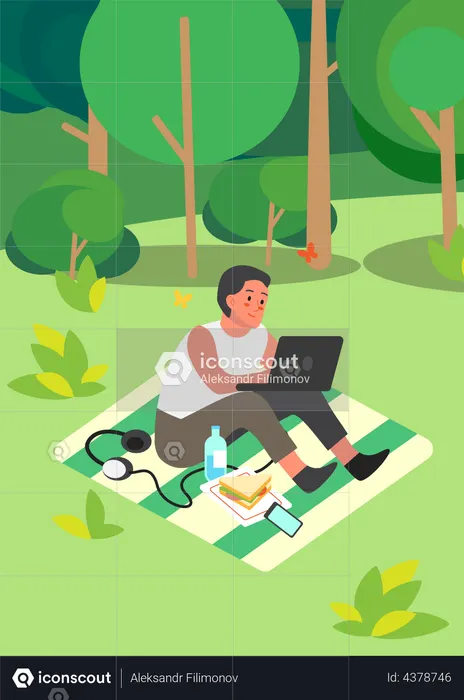 Hombre trabajando en una computadora portátil en el parque  Ilustración