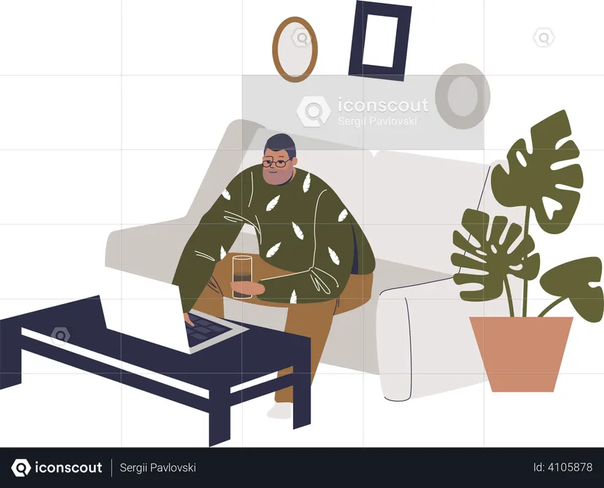 Hombre trabajando en una computadora portátil mientras está sentado en el sofá  Ilustración