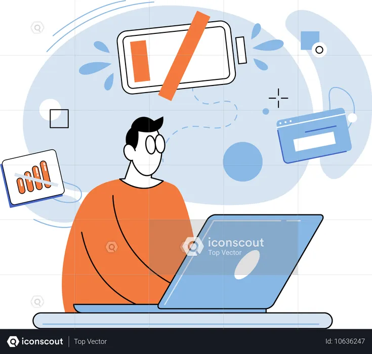 Hombre trabajando en una computadora portátil mientras la batería se agota  Ilustración