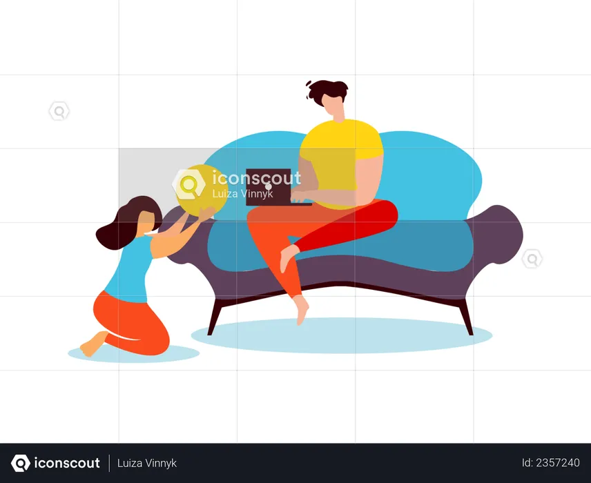 Hombre trabajando en una computadora portátil mientras una niña juega a la pelota  Ilustración