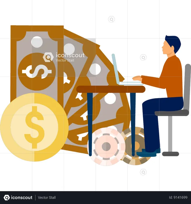 Hombre trabajando en una computadora portátil para ganar dinero jugando  Ilustración