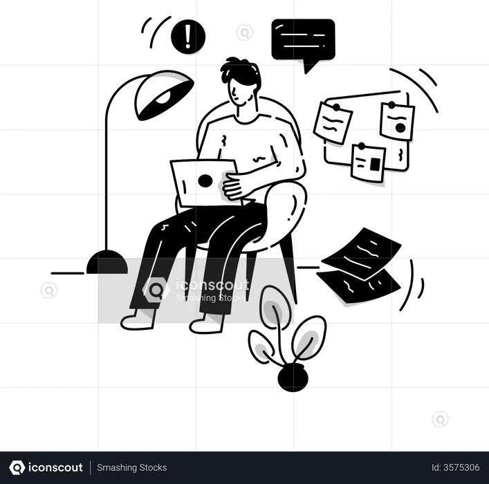 Hombre trabajando en una computadora portátil mientras está sentado en una silla  Ilustración