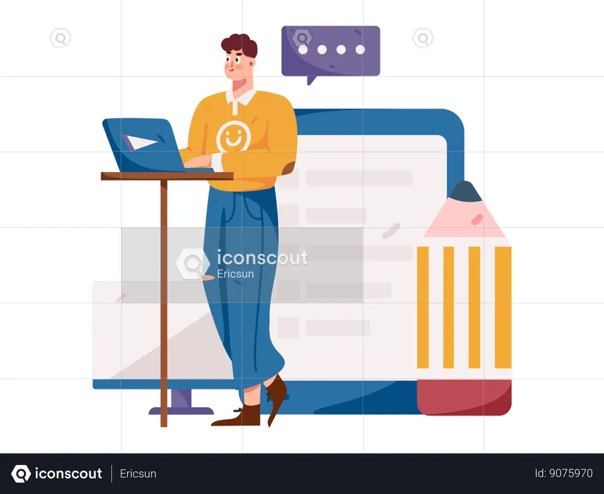 Hombre trabajando en una computadora portátil y haciendo un cronograma de tareas  Ilustración