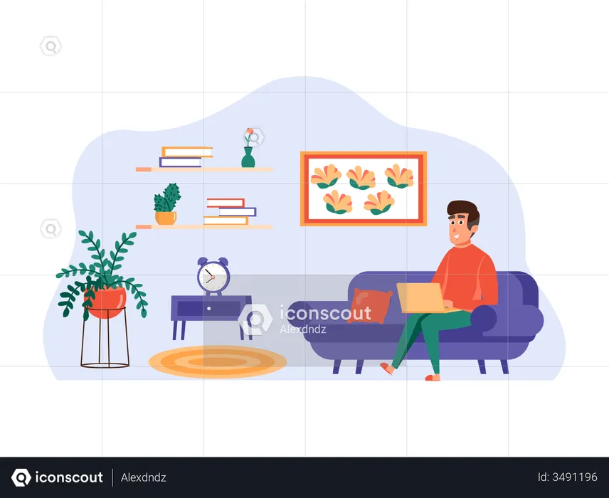 Hombre trabajando independientemente desde casa sentado en el sofá  Ilustración
