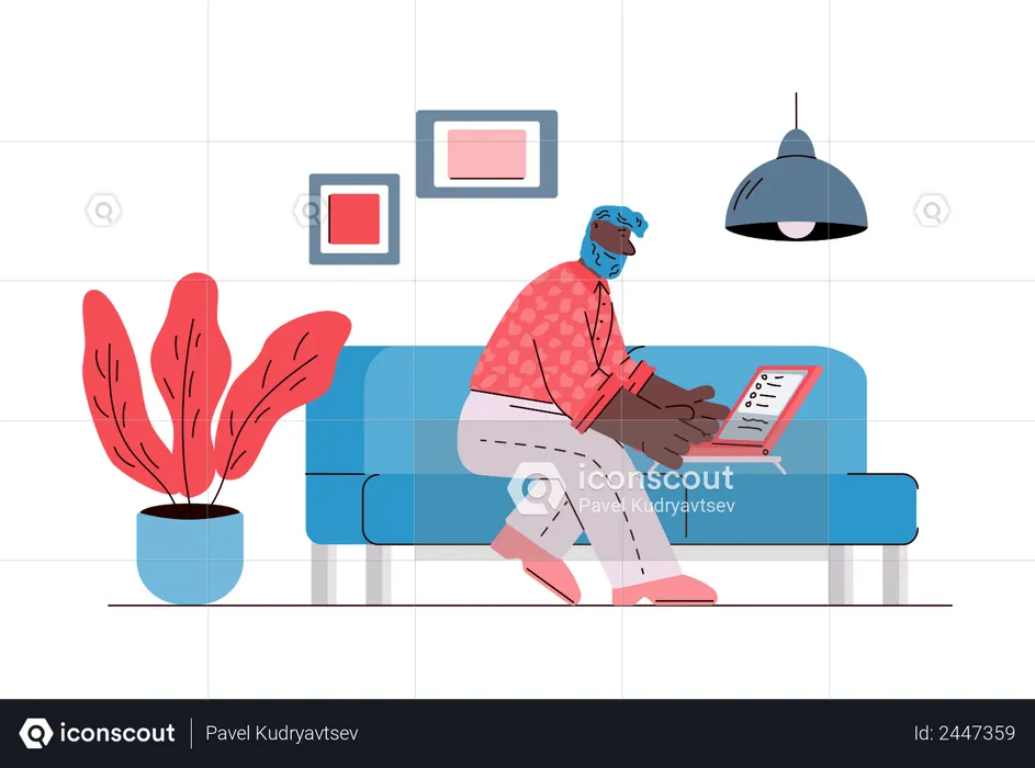 Hombre trabajando remotamente desde casa usando una computadora portátil  Ilustración