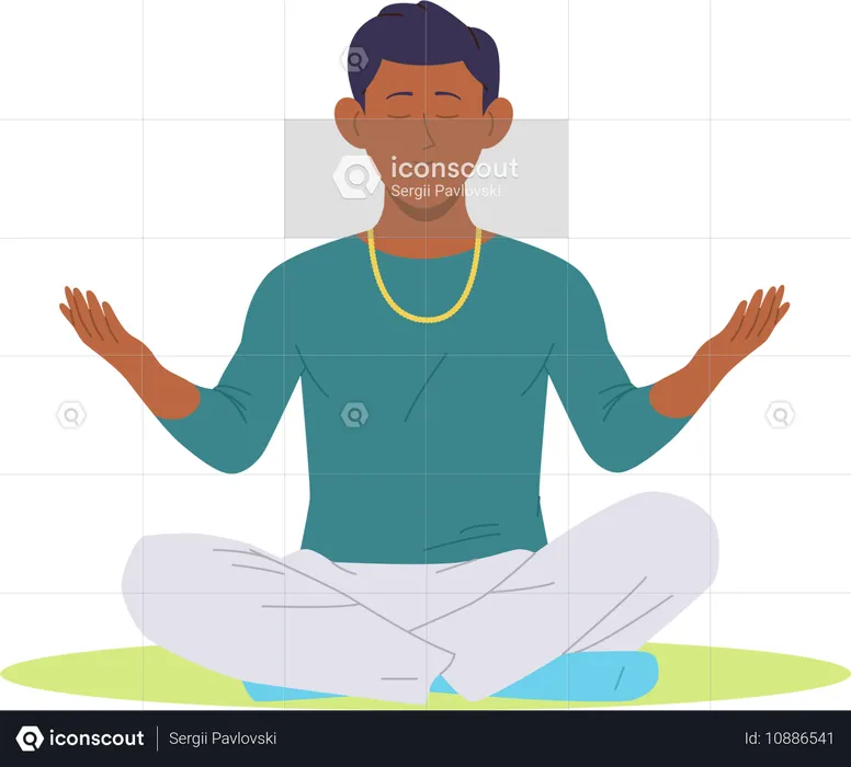 Hombre tranquilo meditando creando armonía y atención plena sintiendo tranquilidad del alma.  Ilustración