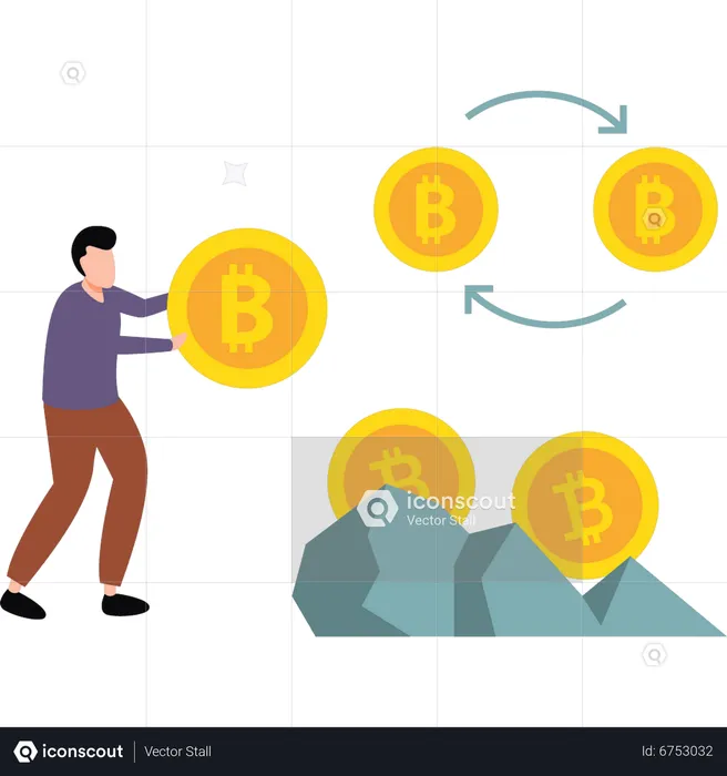 Hombre transfiriendo bitcoins  Ilustración