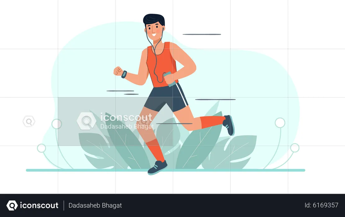 Hombre corriendo mientras escucha música  Ilustración