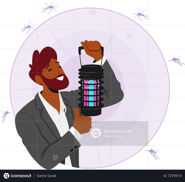El hombre utiliza una lámpara antimosquitos para repeler mosquitos y otros insectos  Ilustración