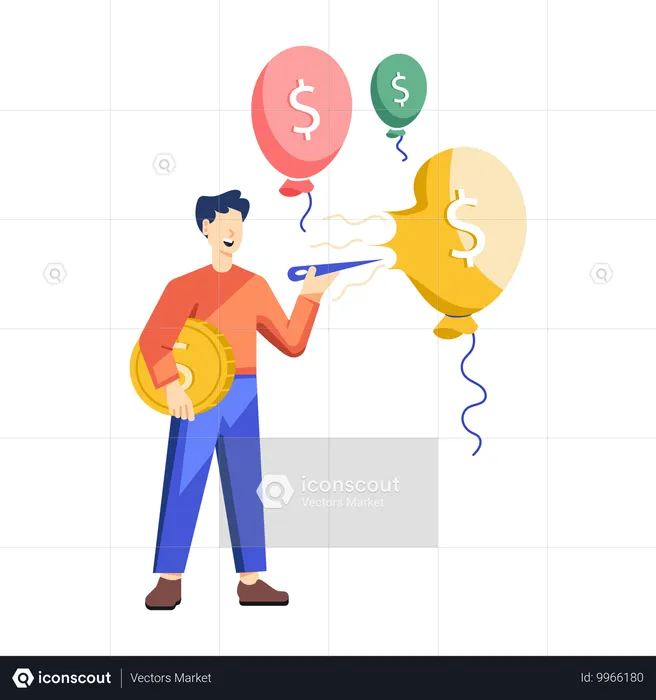 Hombre usando la deflación del globo del dólar de la explosión de la aguja  Ilustración