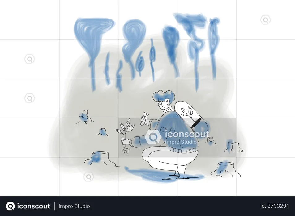 Hombre usando aire artificial debido a la contaminación del aire.  Ilustración