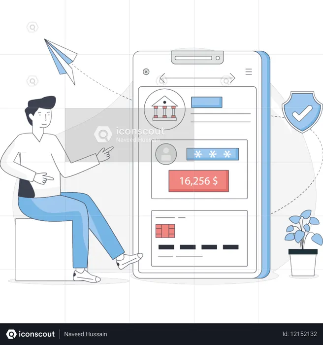 Hombre usando la aplicación de banca para teléfonos inteligentes  Ilustración