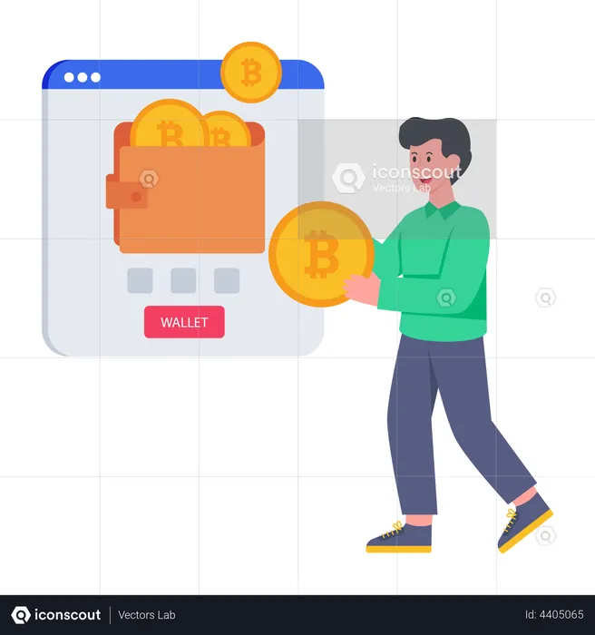 Hombre usando billetera Bitcoin  Ilustración