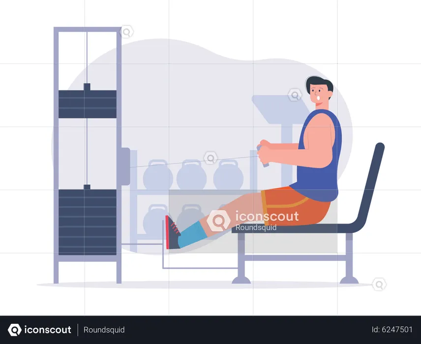 Hombre usando máquina de remo con cable para hacer ejercicio  Ilustración