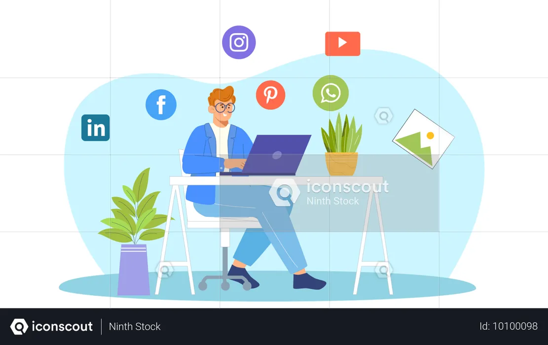 Hombre usando plataformas de redes sociales  Ilustración