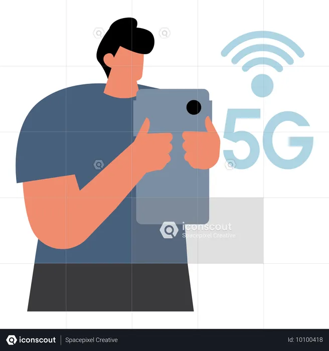 Hombre usando la red 5G en un teléfono inteligente  Ilustración