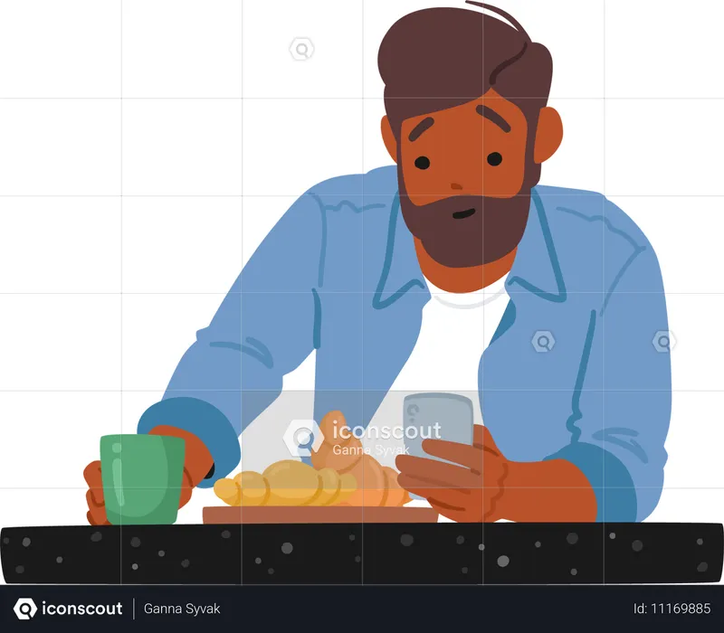 Hombre usa su teléfono inteligente mientras desayuna solo  Ilustración