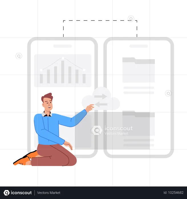 Hombre utilizando transferencia de datos en la nube  Ilustración