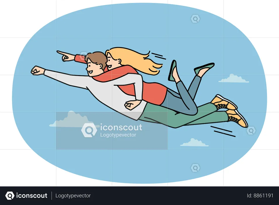 Hombre valiente sonriente como superhéroe con una mujer en la espalda volando en el aire  Ilustración