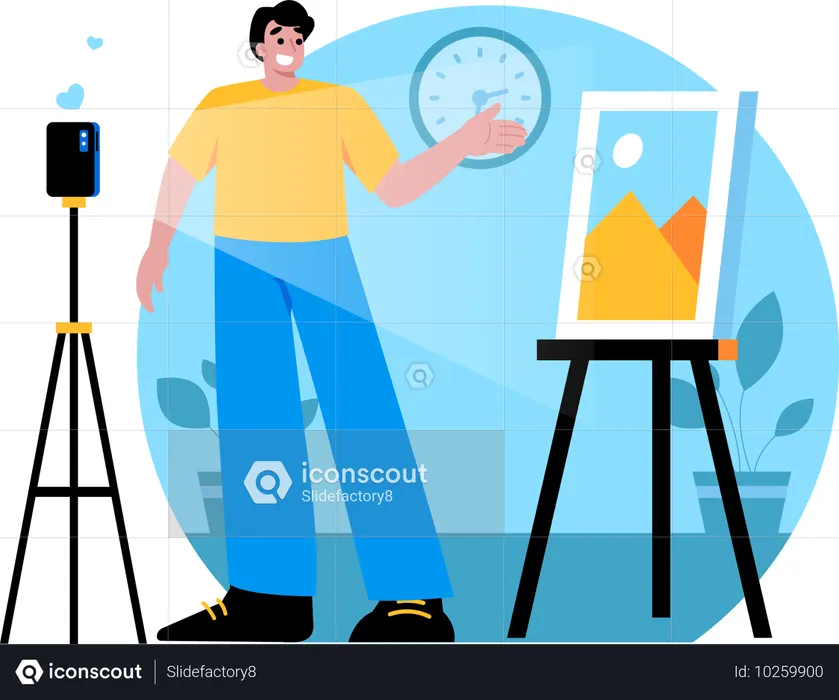 Hombre vendiendo su cuadro por internet  Ilustración