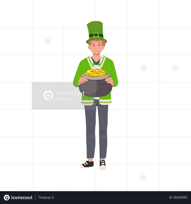 Hombre vestido de verde con olla de oro  Ilustración