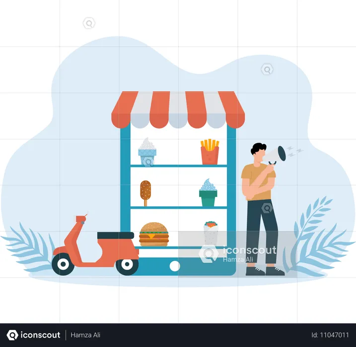 Hombre visitando una tienda de alimentación online  Ilustración